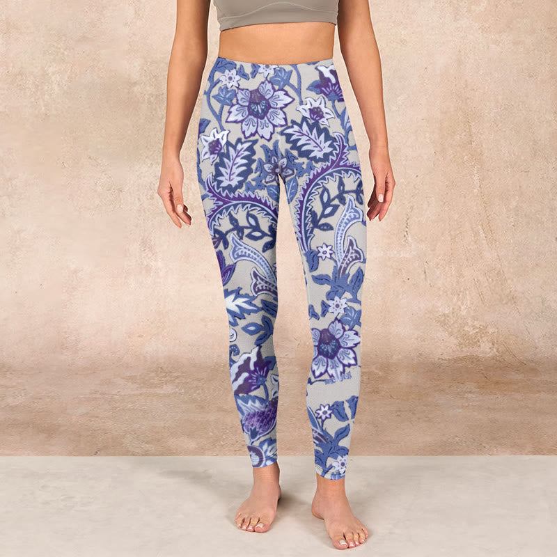 Purple Flower Leaves Print Gym Fitness Leggings Women's Yoga Pants