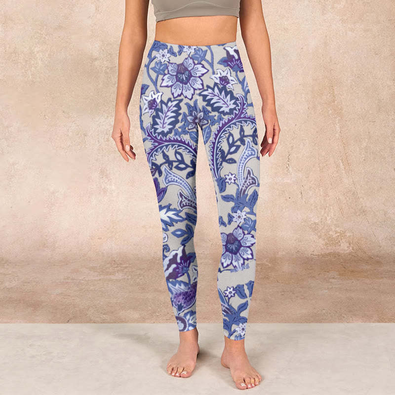 Purple Flower Leaves Print Gym Fitness Leggings Women's Yoga Pants