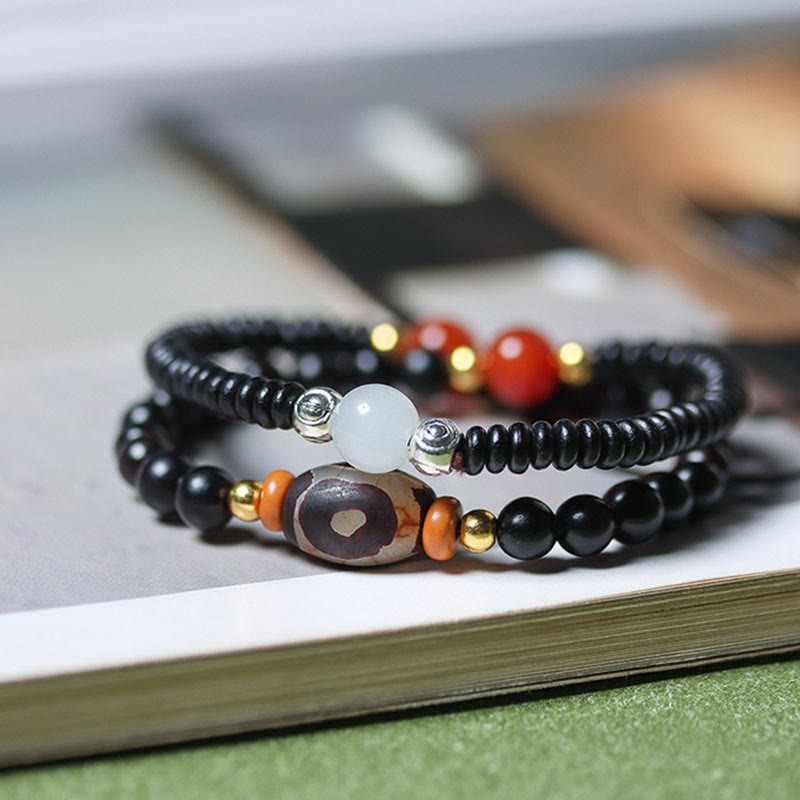 Ebony Sandalwood Green Sandalwood Dzi Bead Balance Calm Double Wrap Bracelet