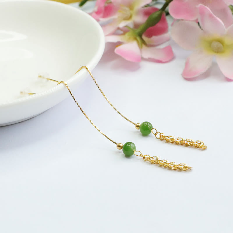 925 Sterling Silver Natural Hetian Cyan Jade Bead Luck Phoenix Tail Drop Earrings