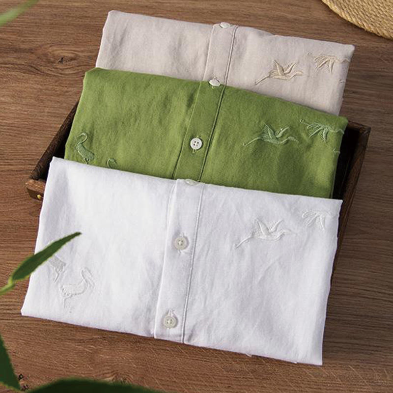 Soft Embroidery Crane Pattern Stand Collar Cotton Linen Half Button Men's Shirt