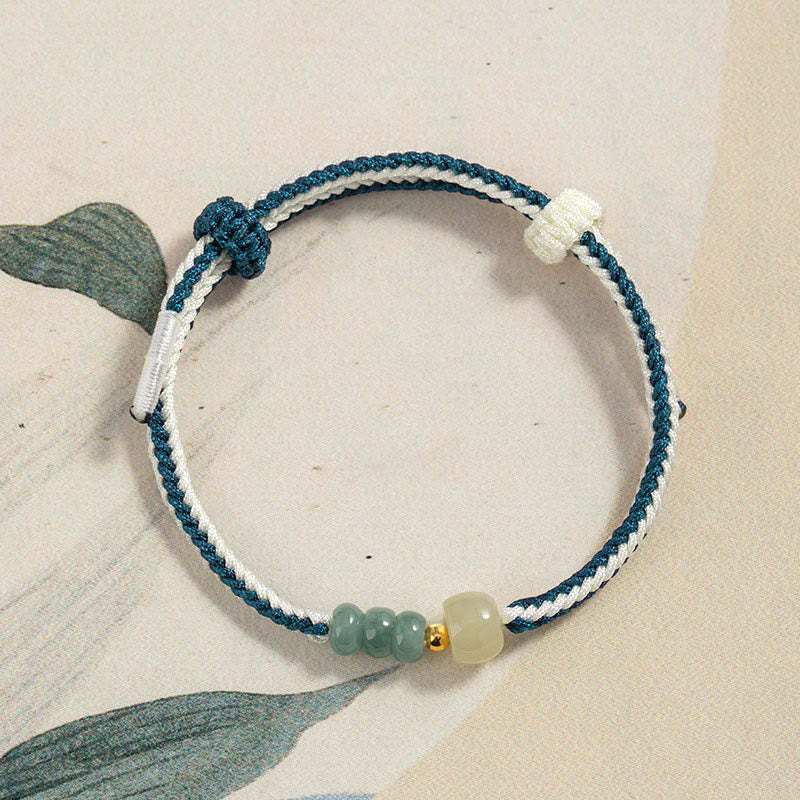 925 Sterling Silver Hetian Jade Bead Abundance Braided Rope Bracelet