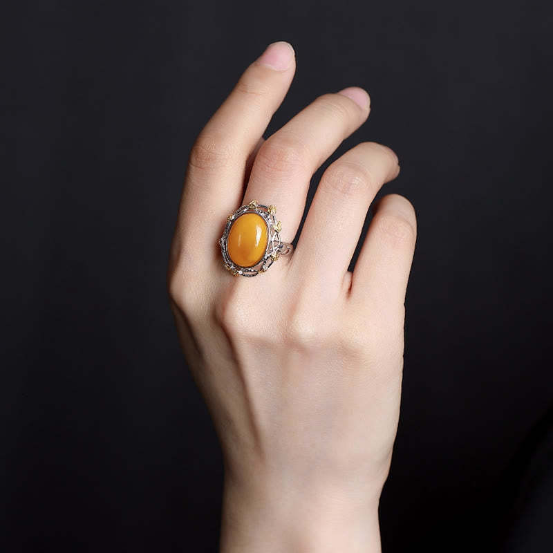 990 Sterling Silver Plated Gold Amber Focus Adjustable Ring