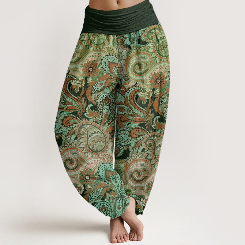 Colorful Cashew Flower Pattern Design Women's Elastic Waist Harem Pants