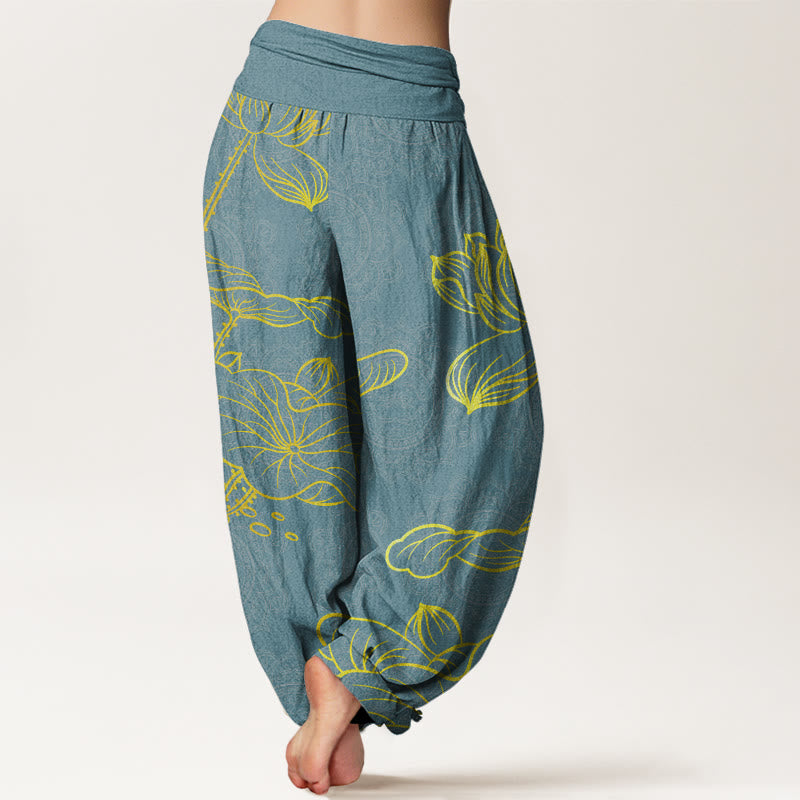 Golden Lotus Mandala Pattern Women's Elastic Waist Harem Pants