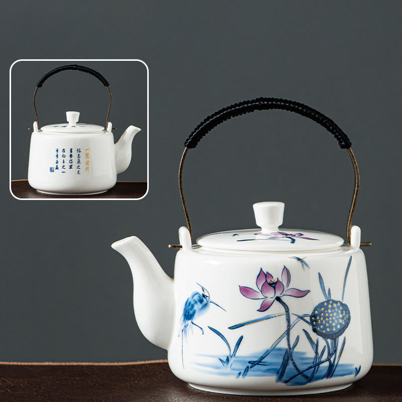 Vintage Dragon Mountain Fisherman Landscape White Porcelain Ceramic Kung Fu Teapot