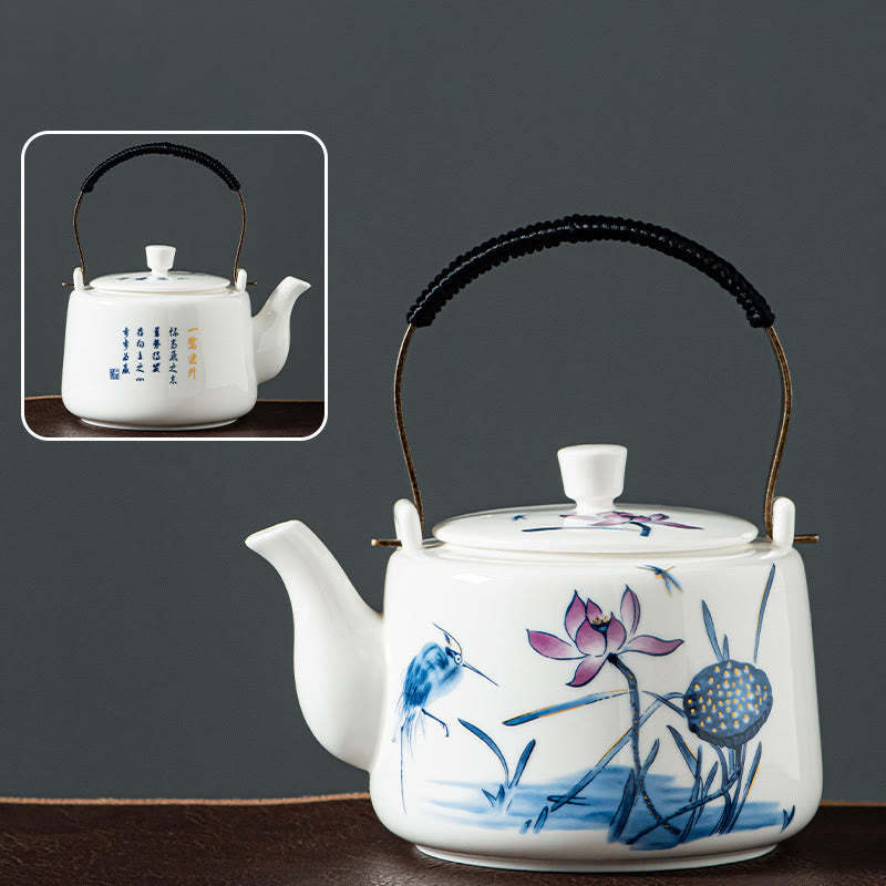 Vintage Dragon Mountain Fisherman Landscape White Porcelain Ceramic Kung Fu Teapot