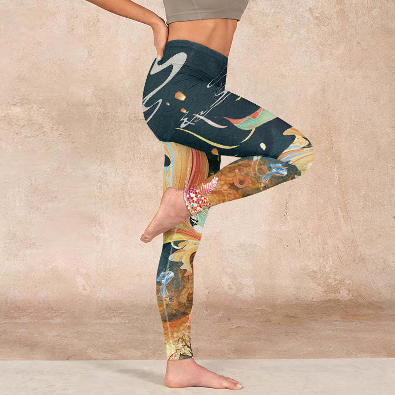 Dark Slate Gray Double Koi Fish Sky Lantern Tower Exercise Leggings Women's Yoga Pants