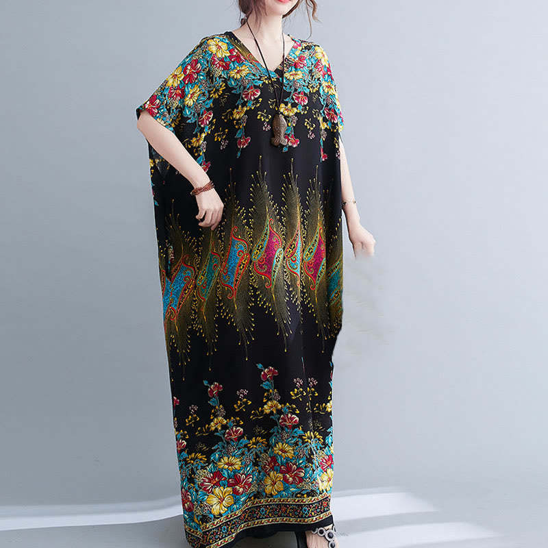 Casual Loose Printing Flower Pattern V-Neck Half Sleeve Design Polyester Midi Dress With Pockets