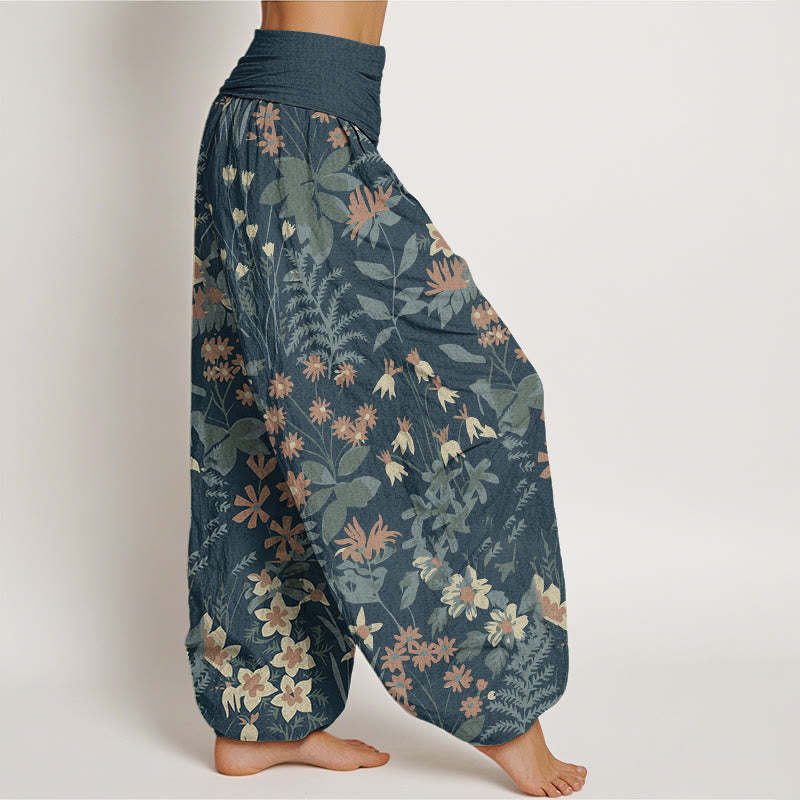 Casual Daisy Flowers Leaves Design Women's Elastic Waist Harem Pants