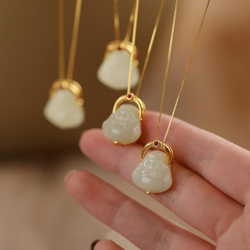 925 Sterling Silver Natural Hetian Jade Laughing mystic zen Abundance Chain Necklace Pendant