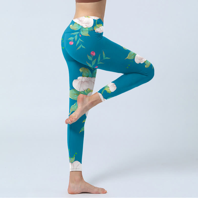 Blue White Flowers Leaves Print Sports Leggings Women's Yoga Pants