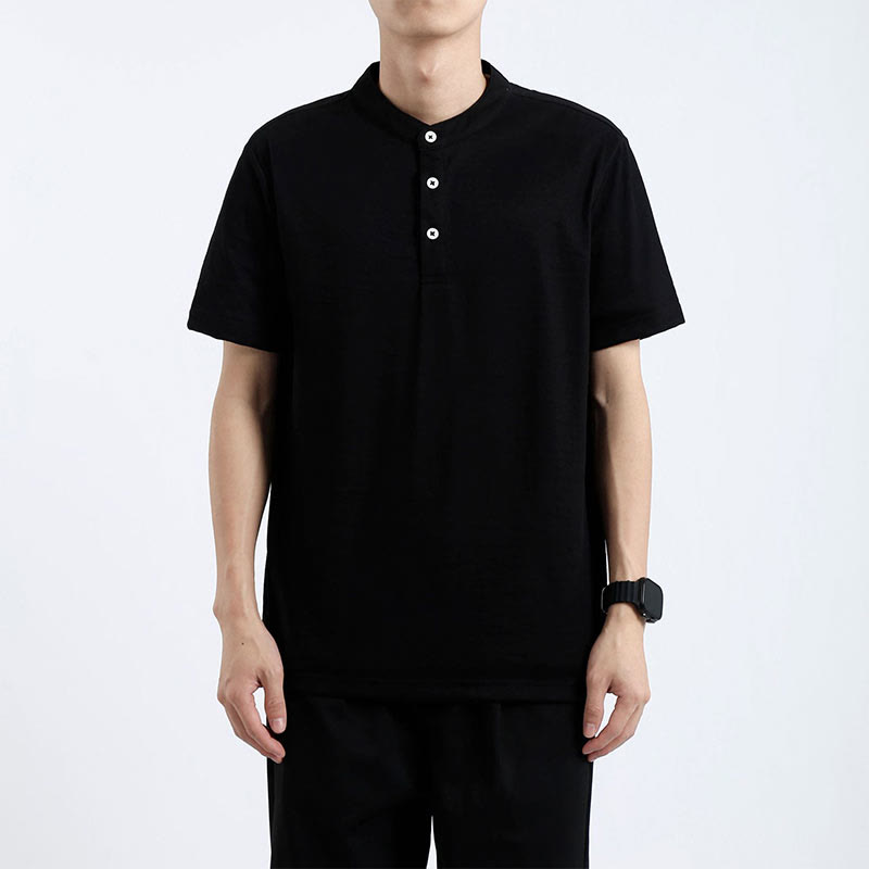 Summer Short Sleeve Half Button Shirt Cotton Linen Men Clothing