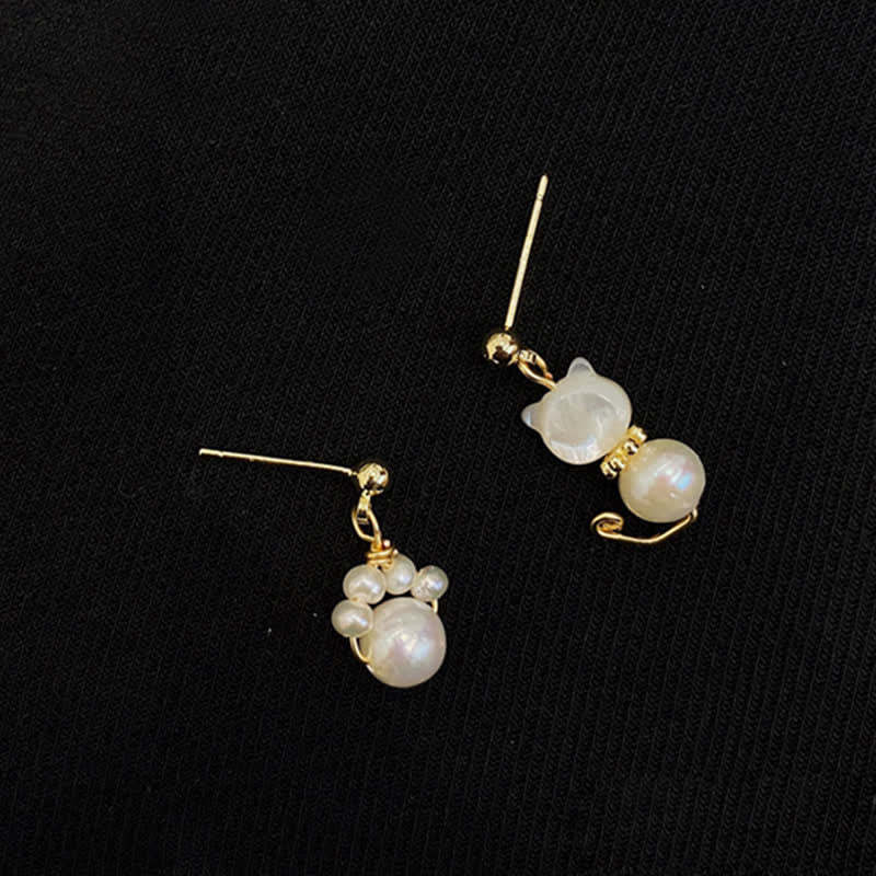 Cute Cat Paw Pearl Wisdom Stud Drop Earrings