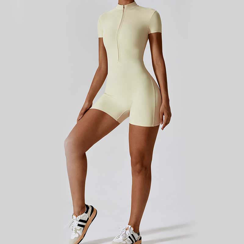 High Stretch Zipper Short Sleeve Jumpsuit Sports Fitness Yoga Women Bodysuit