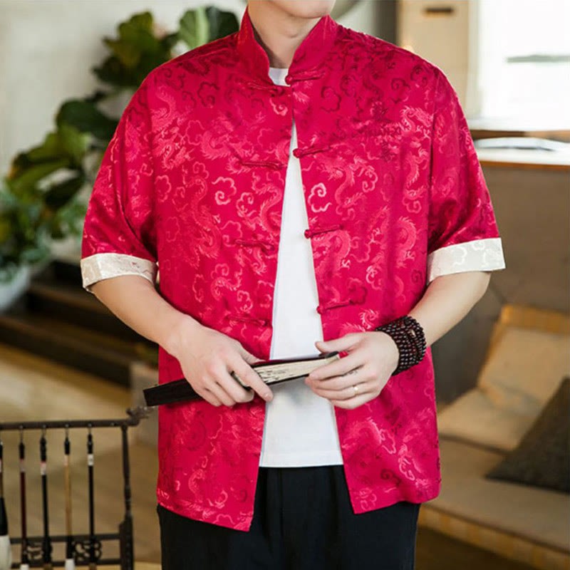 Chinese Tang Suit Frog-button Dragon Print Men's Half Sleeve Shirts