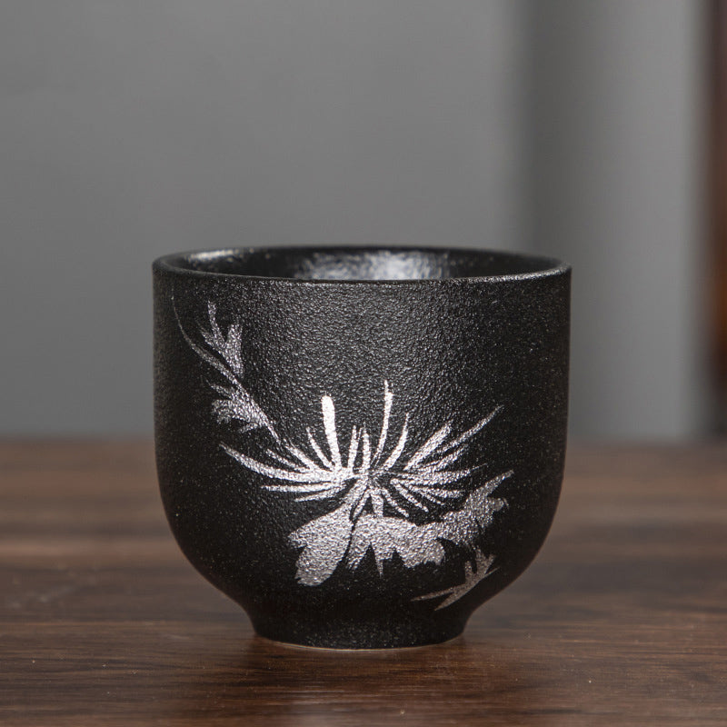 Hand Painted Lotus Flower Bamboo Chrysanthemum Black Pottery Ceramic Teacup Kung Fu Tea Cup 95ml