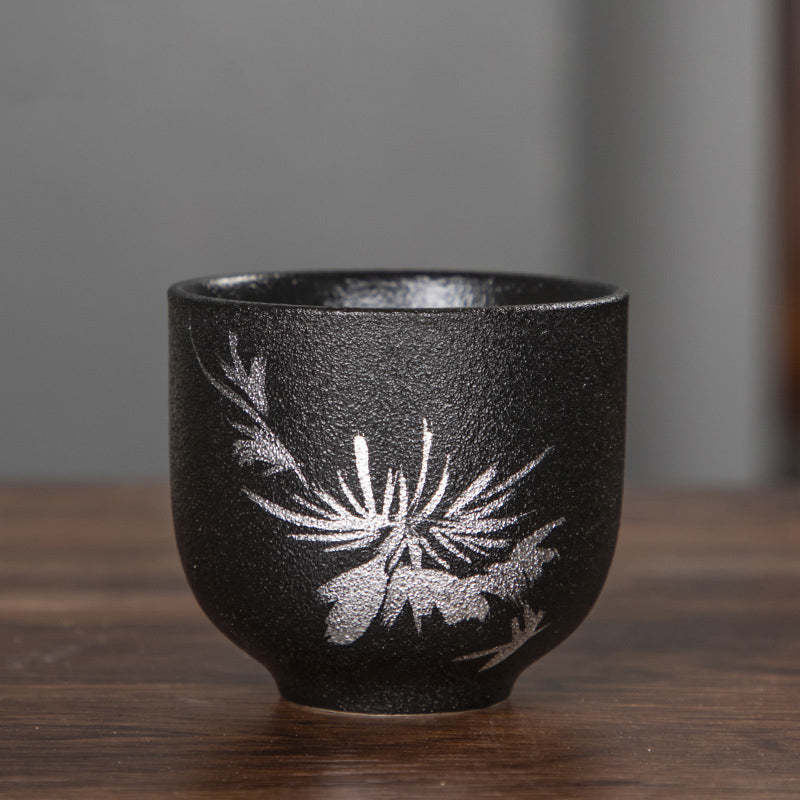 Hand Painted Lotus Flower Bamboo Chrysanthemum Black Pottery Ceramic Teacup Kung Fu Tea Cup 95ml