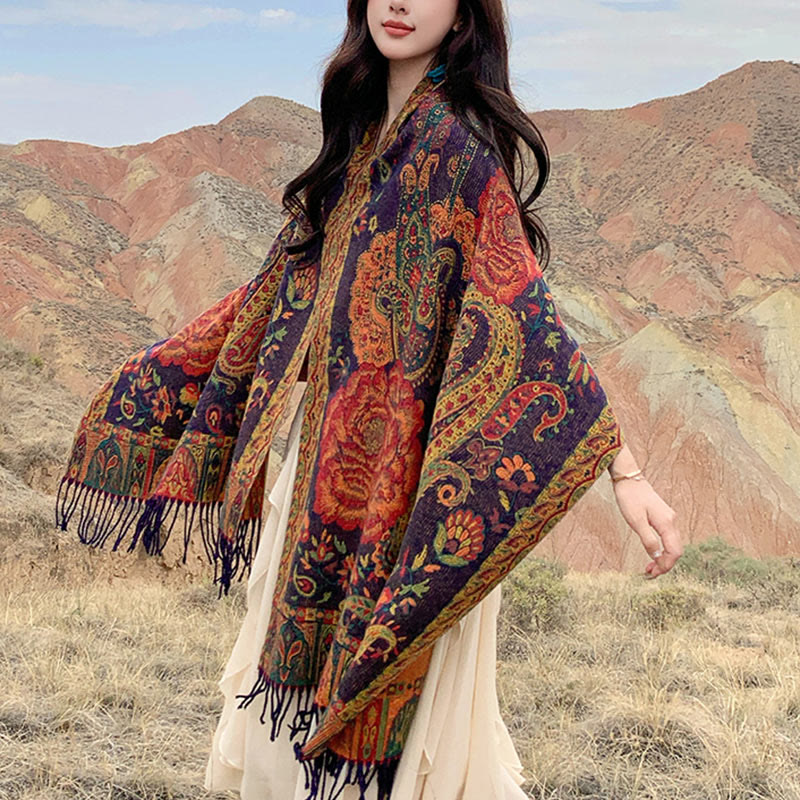 Tibetan Cashew Peony Flowers Vine Tassels Shawl Fall Winter Cozy Scarf Wrap