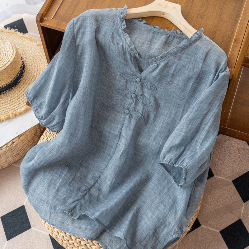 Casual Embroidery Leaf Ungus Edge Wrinkle Women's V-neck Design Half Sleeve Cotton Shirt