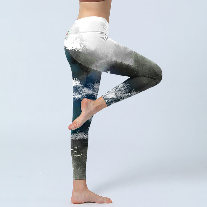 Ink Painting Pine Tree Print Gym Leggings Women's Yoga Pants