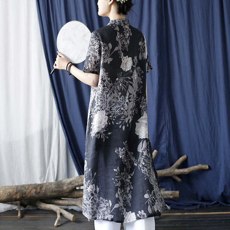 Ramie Linen Blue Flowers Leaves Cheongsam Dresses Short Sleeve Dress