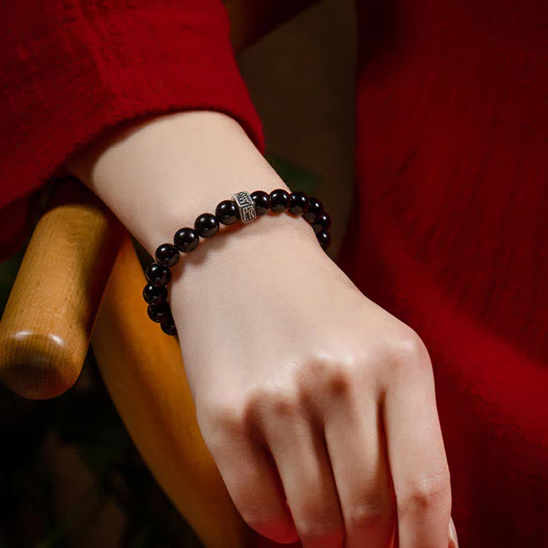 Chinese Zodiac Natal mystic zen 925 Sterling Silver Black Obsidian Moonstone Strength Bracelet