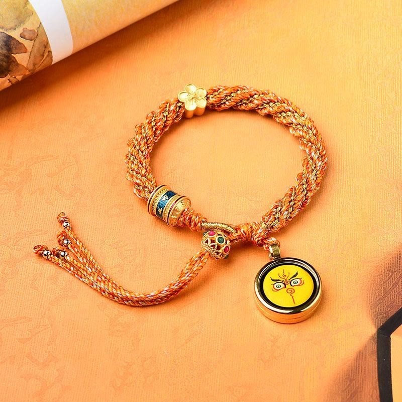 Tibet Handmade Five God Of Wealth Luck Thangka Amulet Prayer Wheel Flower Charm Weave String Bracelet