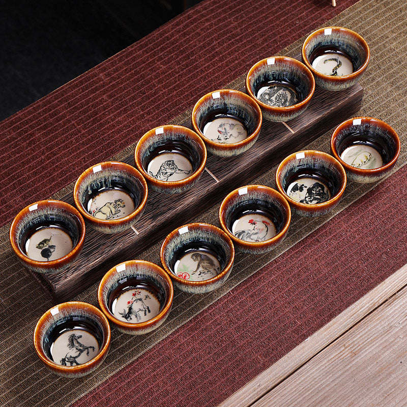 12 Chinese Zodiac Pattern Ceramic Teacup Kung Fu Jian Chinese Zhan Tea Cup 73ml