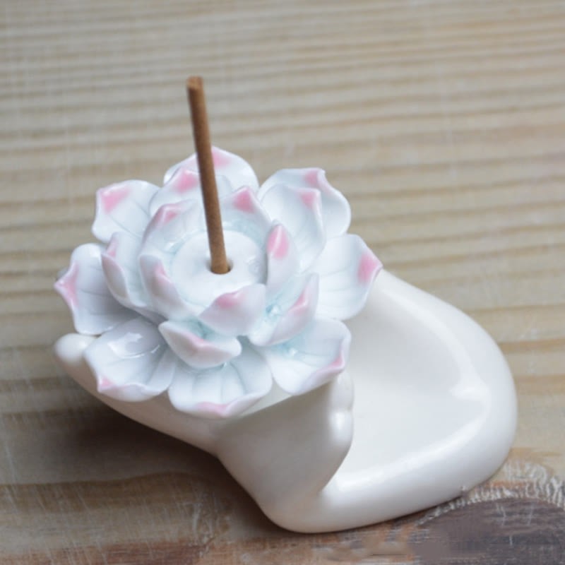 Small Ceramic Lotus Hand Healing Meditation Incense Burner Decoration