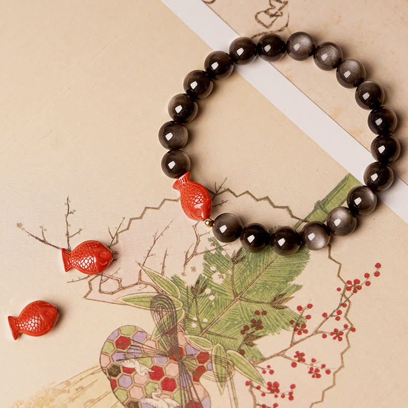 Natural Silver Sheen Obsidian Cinnabar Koi Fish Soothing Protection Bracelet