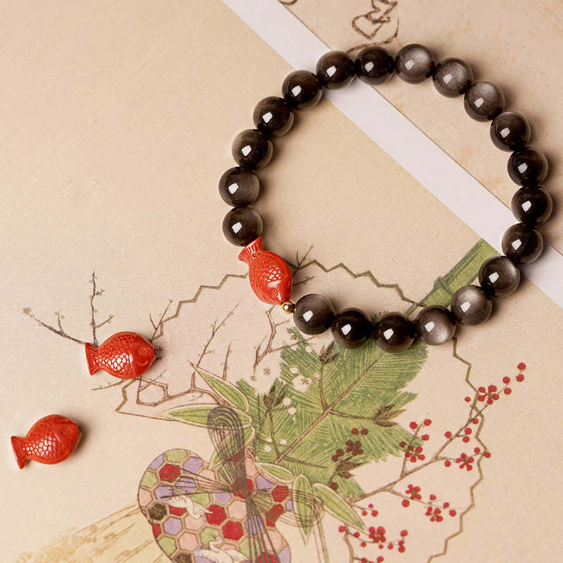 Natural Silver Sheen Obsidian Cinnabar Koi Fish Soothing Protection Bracelet