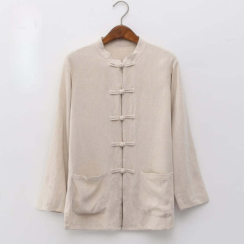 Solid Color Frog-button Long Sleeve Cotton Linen Women's Shirts With Pockets