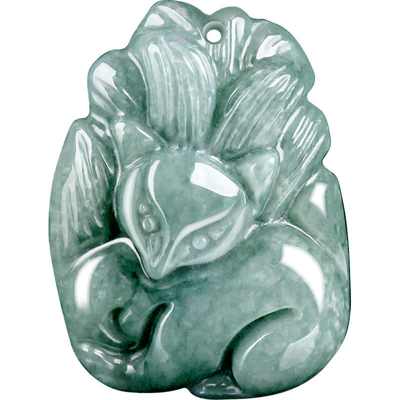 Natural Green Jade Nine-Tailed Fox Engraved Prosperity Necklace Pendant