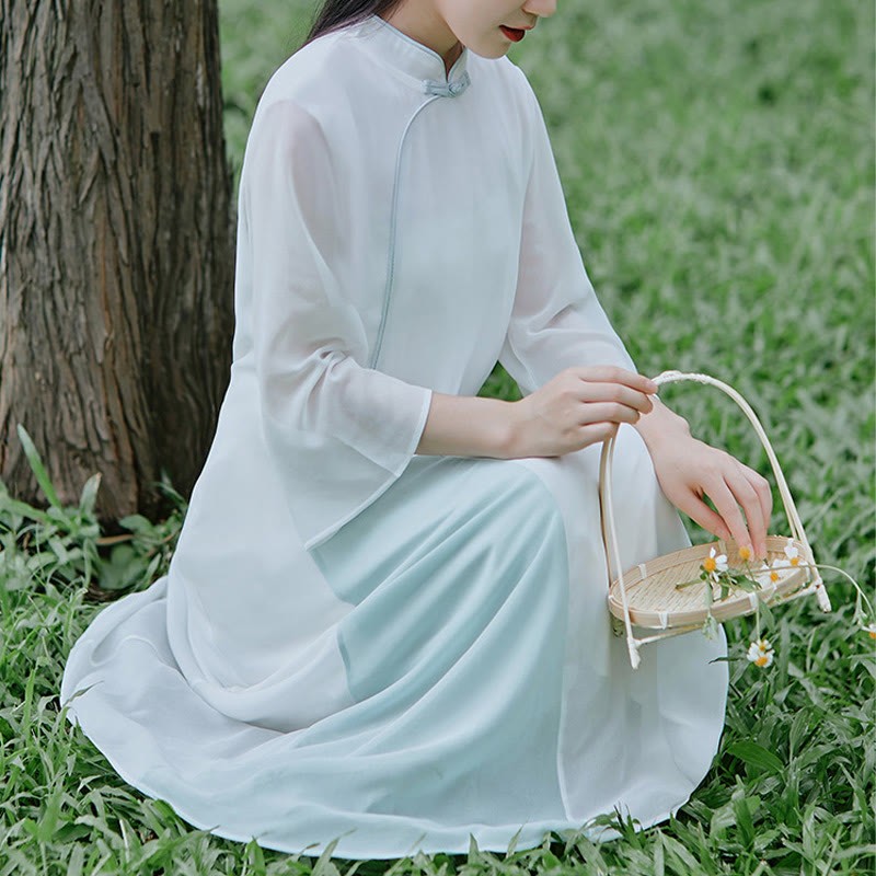 Three Quarter Sleeve Chiffon Cheongsam Midi Dress Wide Leg Pants Meditation Zen Practice Clothing
