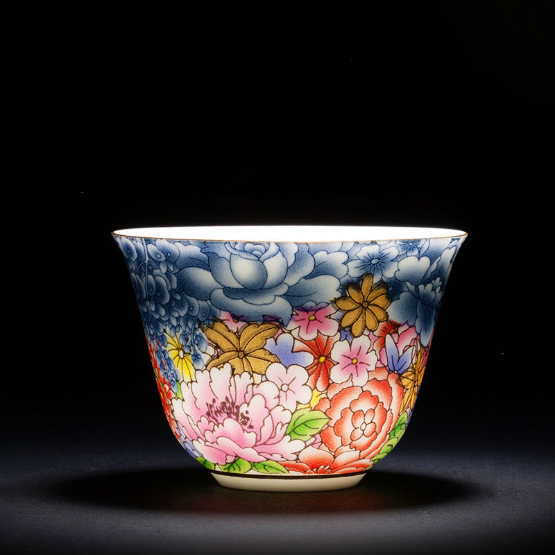Colorful Flowers Orchid Sea Waves Blue and White Porcelain Ceramic Teacup Kung Fu Tea Cup