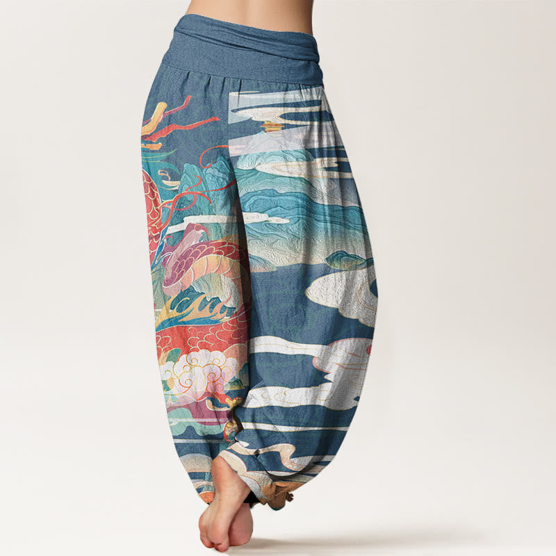Dragons Auspicious Clouds?pattern Women's Elastic Waist Harem Pants