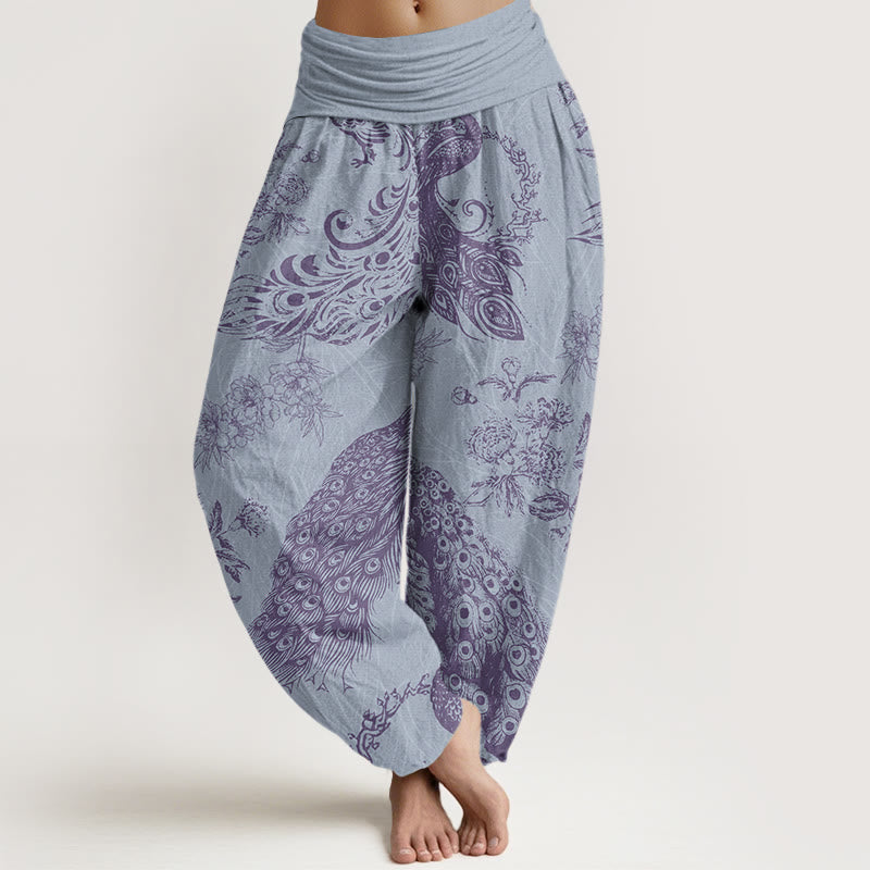 Casual Peacock Peony Flower Women's Elastic Waist Harem Pants