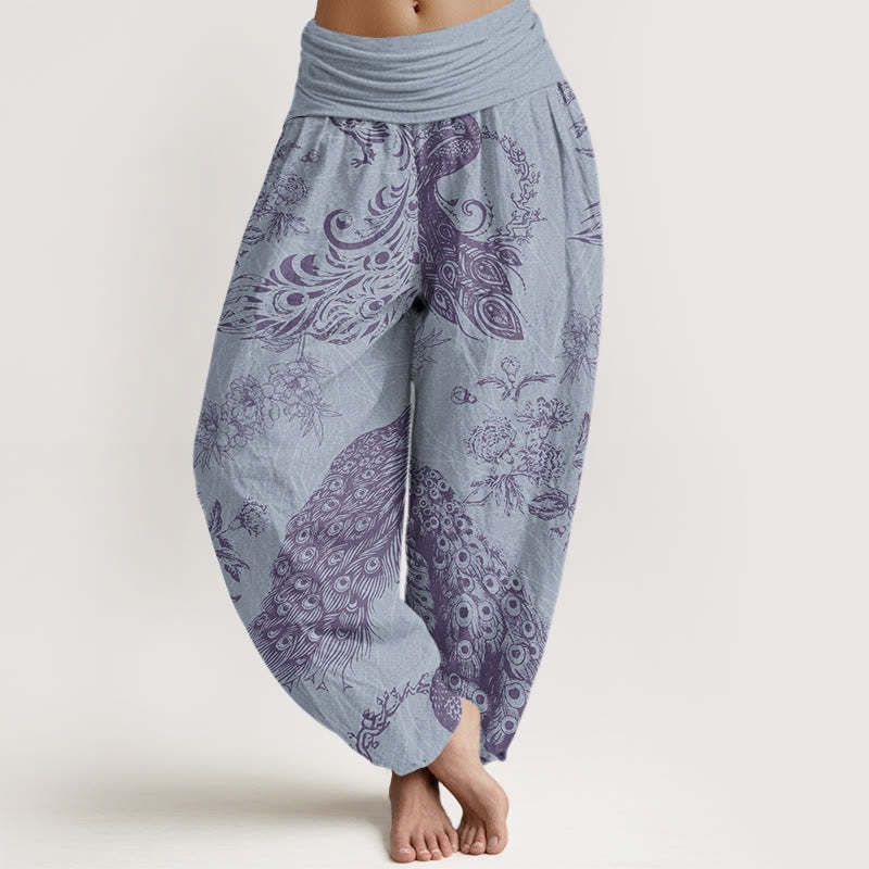 Casual Peacock Peony Flower Women's Elastic Waist Harem Pants