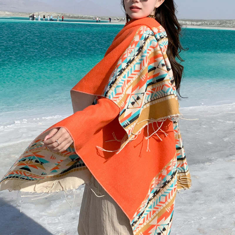 Tibetan Geometric Rhombus Pattern Tassels Shawl Fall Winter Warm Cozy Scarf Wrap