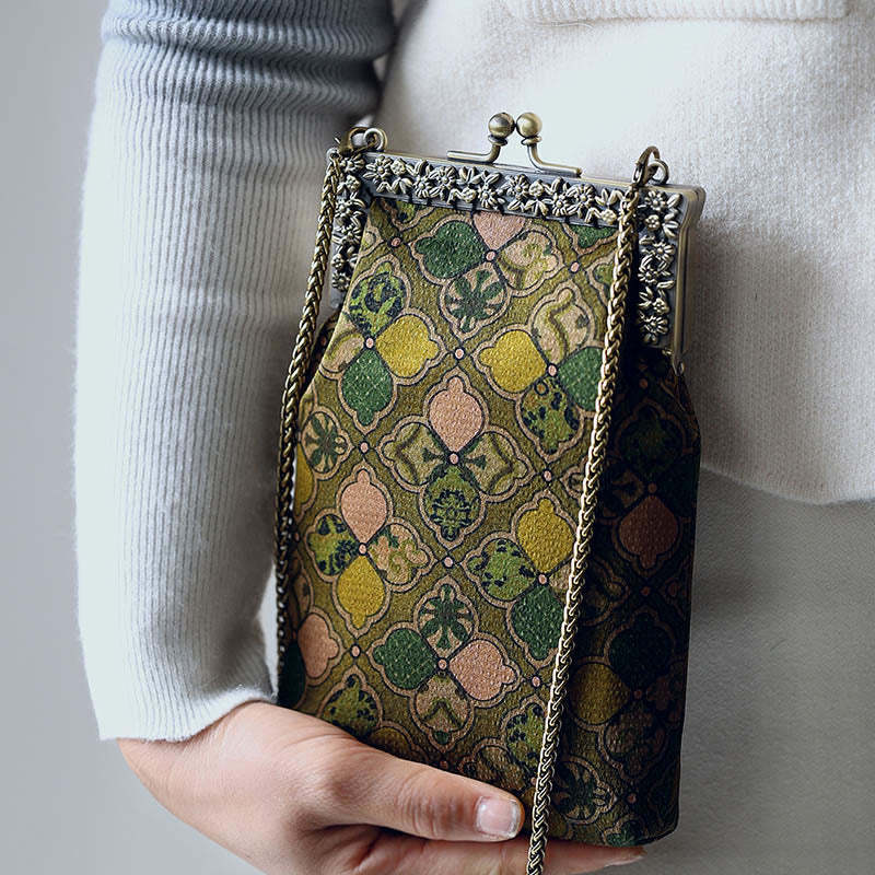 Green Leaves Handbag Metal Chain Crossbody Bag Shoulder Bag Cellphone Bag