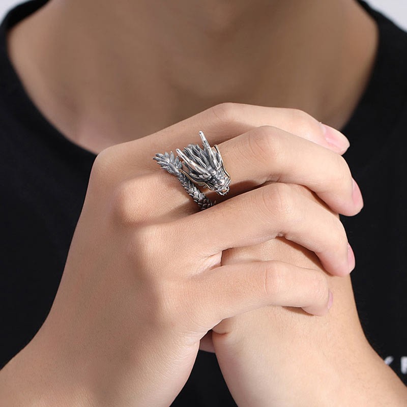 925 Sterling Silver Vintage Dragon Design Protection Strength Adjustable Ring