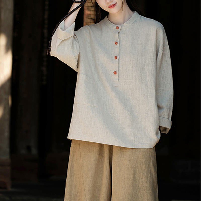Solid Color Loose Button Blouse Long Sleeve Shirt Top