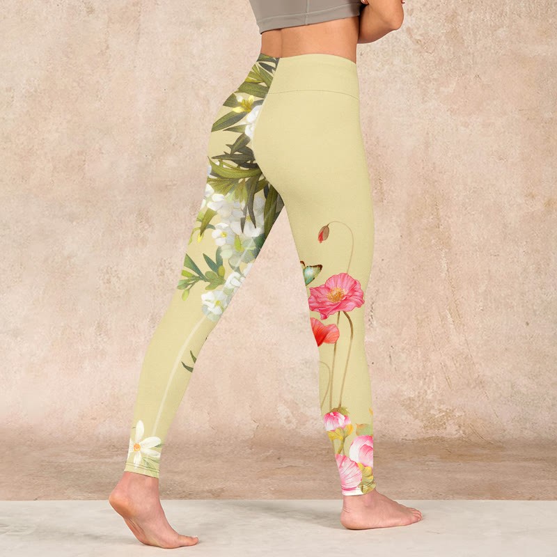 Flowers Plants Butterfly Print Fitness Leggings Women's Yoga Pants