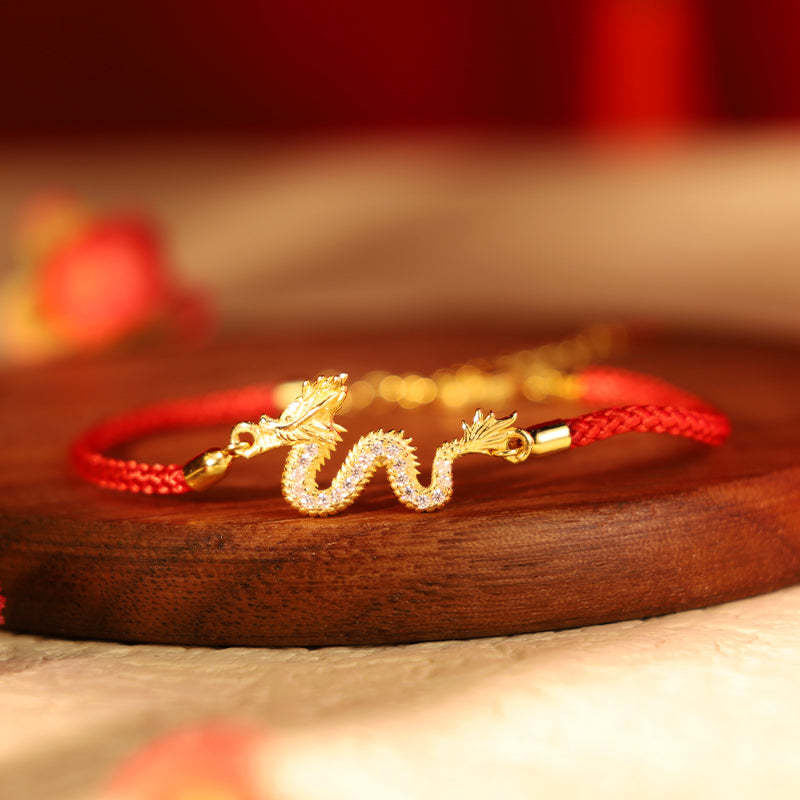 925 Sterling Silver Year Of The Dragon Auspicious Golden Dragon Luck Red Rope Chain Bracelet (Extra 30% Off | USE CODE: FS30)