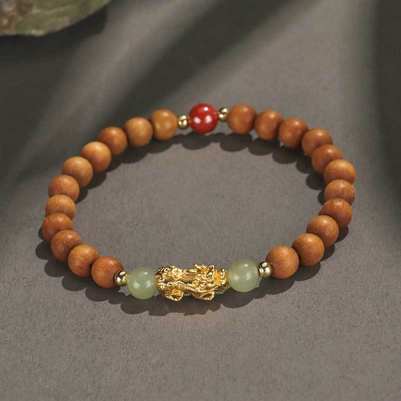 999 Sterling Silver Sandalwood Ebony Wood Small Leaf Red Sandalwood Hetian Jade Cinnabar PiXiu Wealth Bracelet