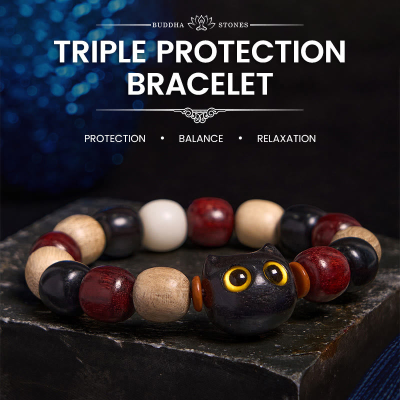 Small Leaf Red Sandalwood Ebony Wood Cute Cat Engraved Protection Bracelet