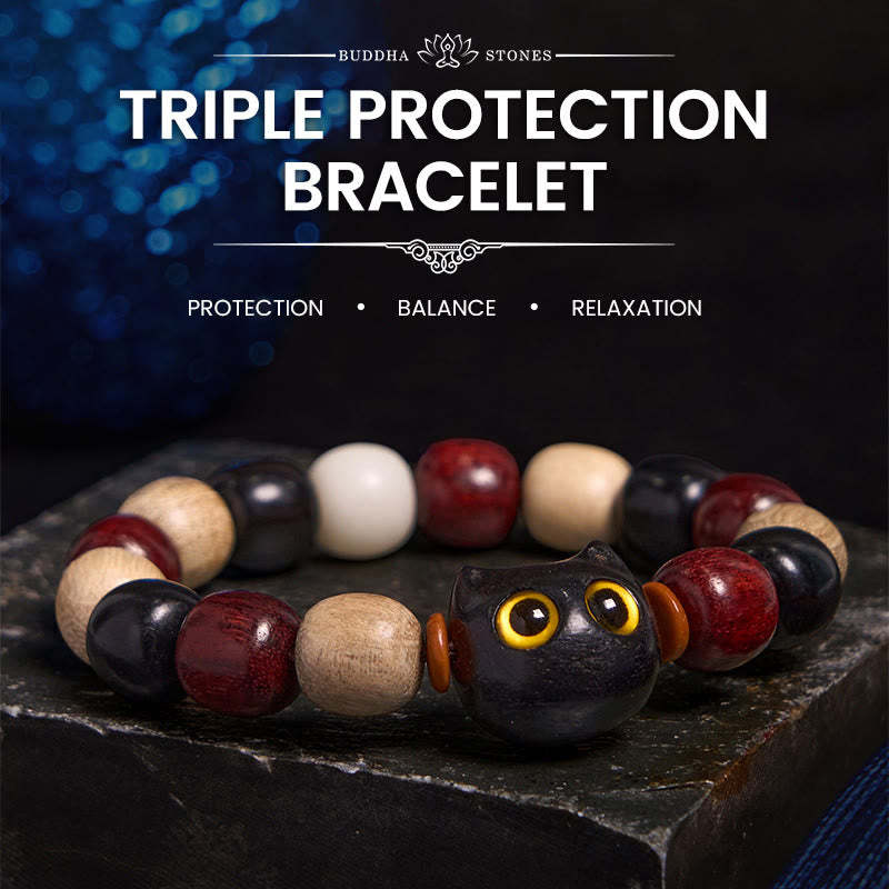 Small Leaf Red Sandalwood Ebony Wood Cute Cat Engraved Protection Bracelet