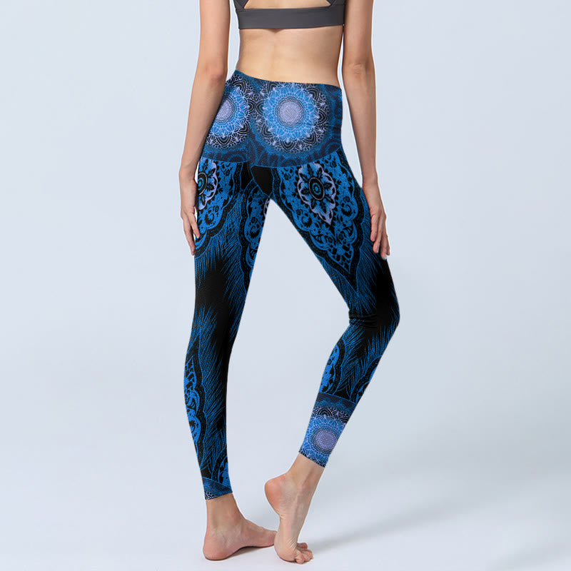 Blue Mandala Feathers Print Gym Leggings Women's Yoga Pants