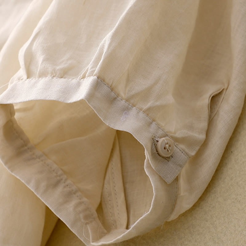 Casual Women's Plain Frog Buckle Design Half Sleeve Cotton Linen Shirt